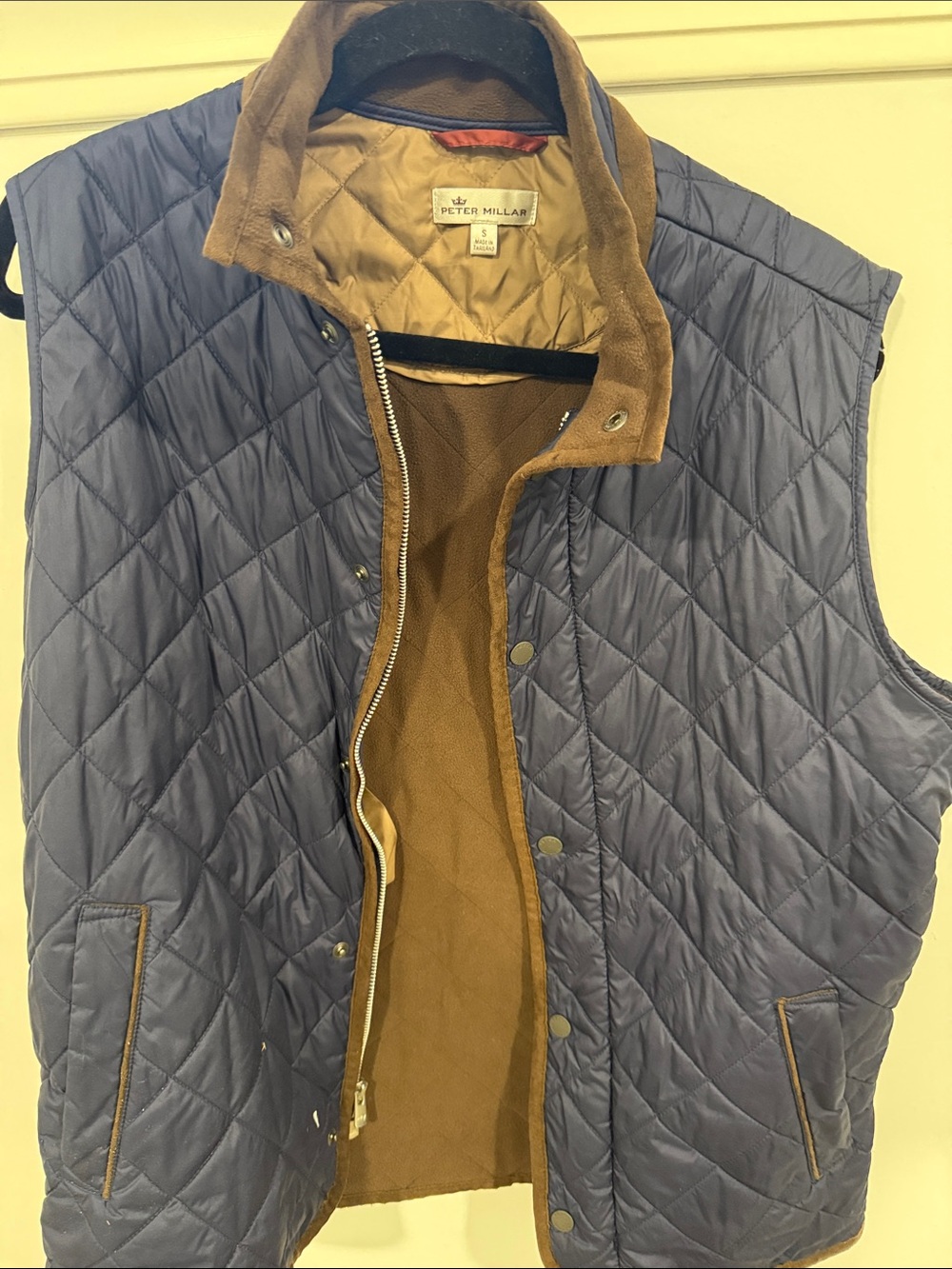 Peter Millar Quilted Navy Vest with Brown Trim